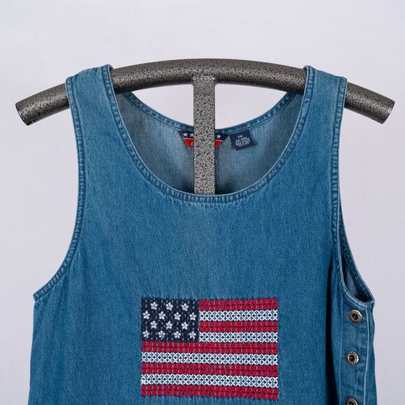 Women's Denim Jumper Dress Medium PETITE Embroidered USA Flag Patriotic Casual - Picture 4 of 7